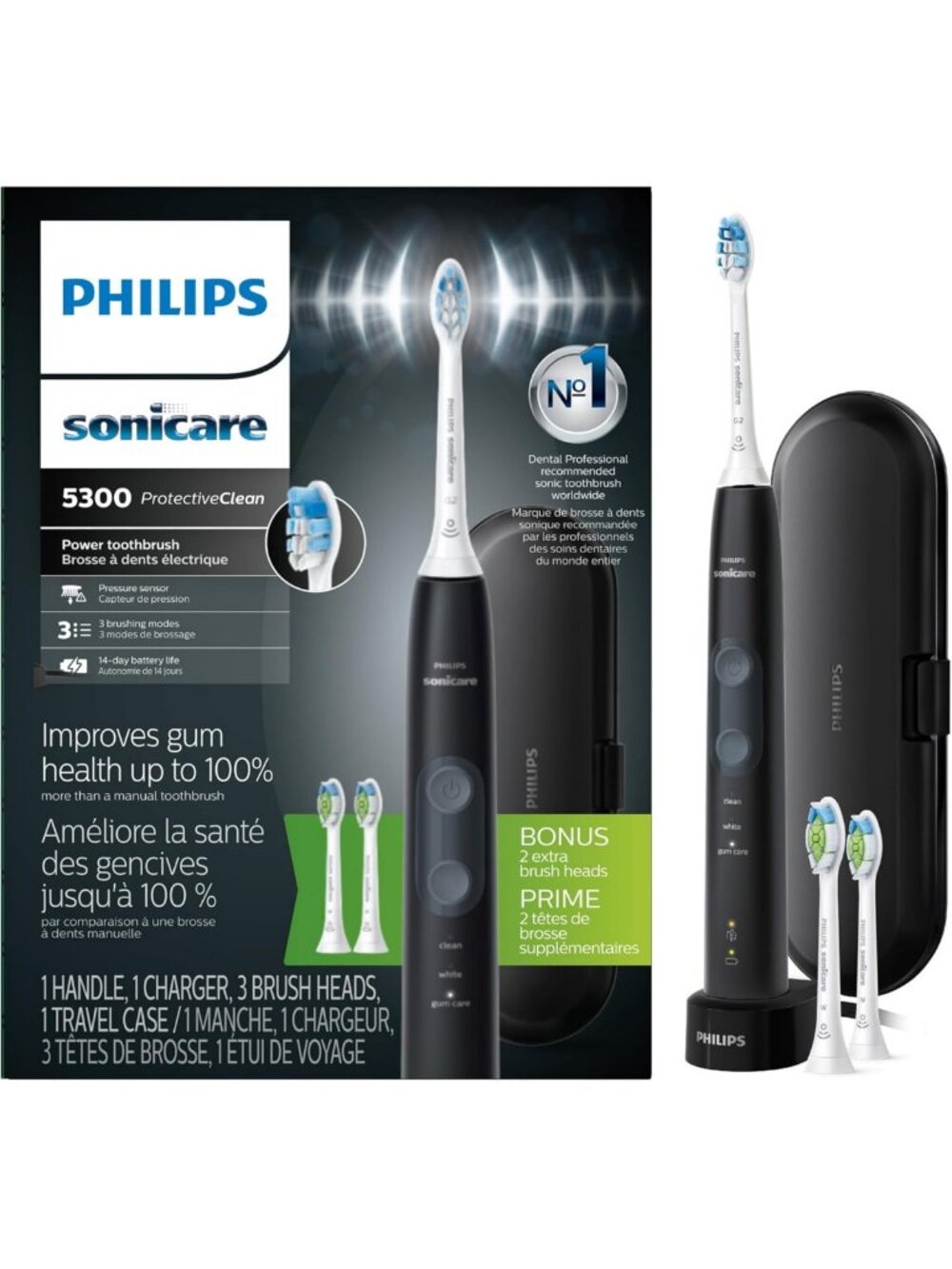 Rechargeable Electric Toothbrush with 3 Brush Heads - Black, Sonic Cleaning